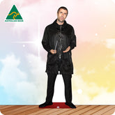 Cardboard cutout of a person wearing a black coat with 'Australian Made' logo in the corner.